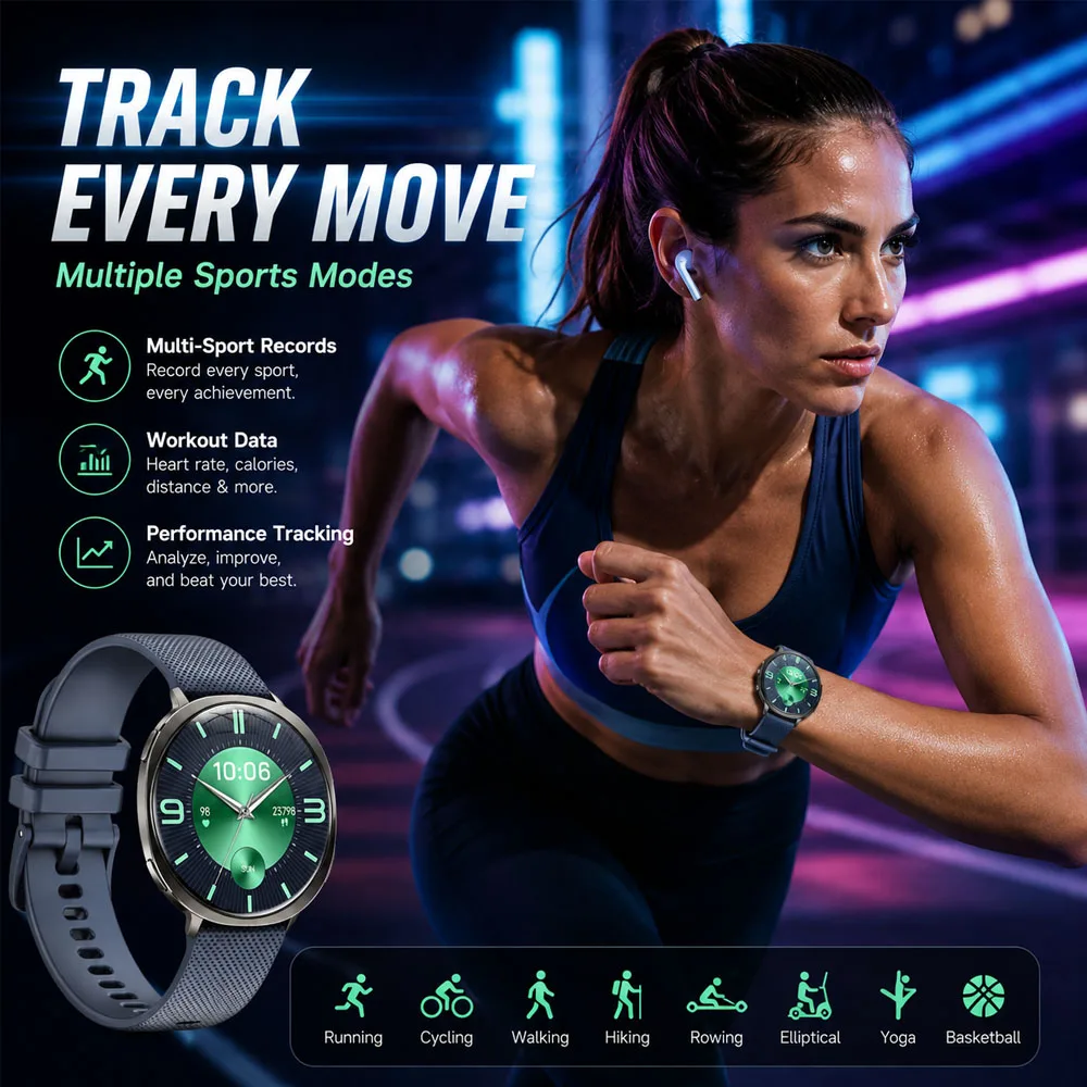 New Smart Watch Tracking Fitness Voice Assistant IP68 Waterproof Flashlight Health Round Curved Screen  Smartwatch Men Women view 6