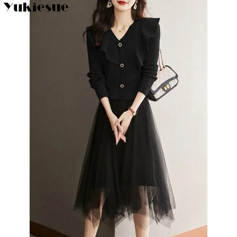 Frauen V-ausschnitt Spitze Taste Langarm Gestricktes Hemd Schlank Mesh Rock Solide 2023 Herbst Winter Zwei Stück Set Kleid Design sinn