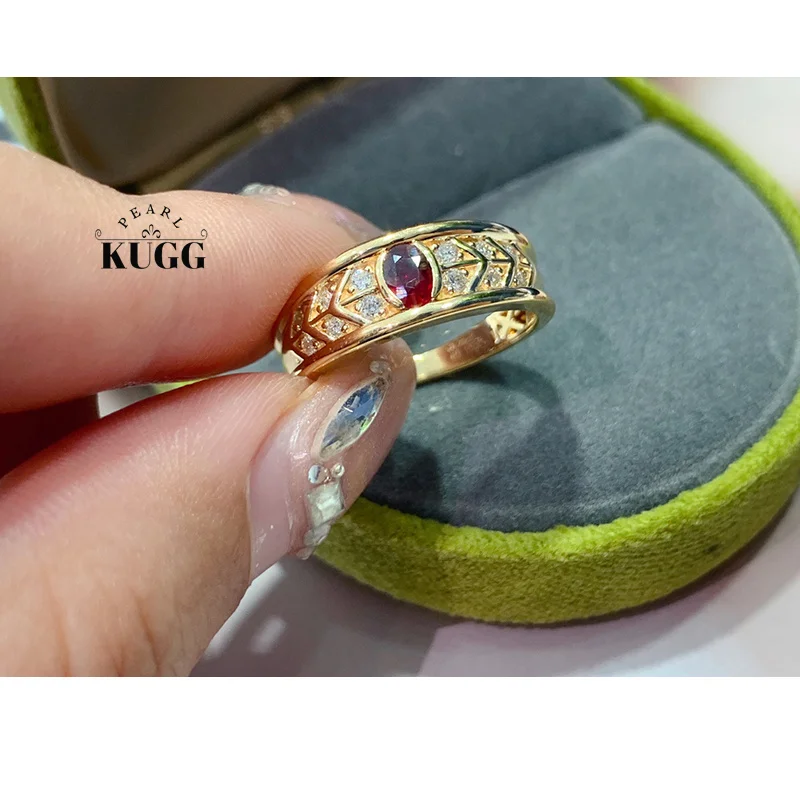 

KUGG 100% 18K Yellow Gold Rings Vintage Palace Style Real Natural Ruby Ring for Women Wedding Party High Gemstone Jewelry