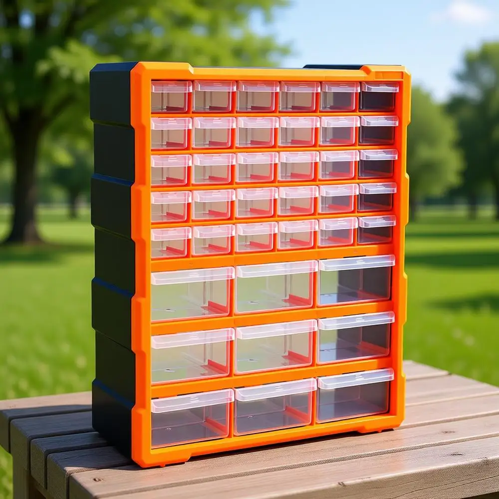

Wall-Mounted Crate Storage Cabinet Organizer, 39 Compartments, Black and Orange, 15L x 6.3W x 18.6H