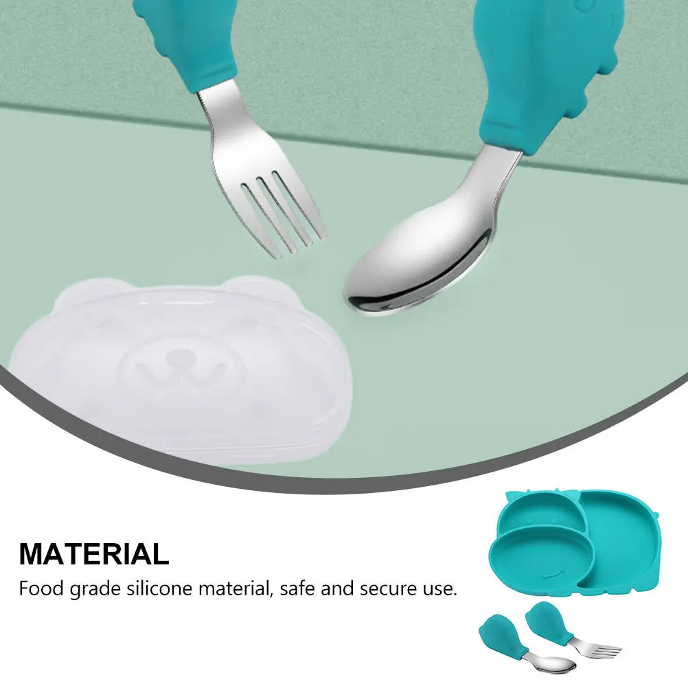 

1 Set Silicone Feeding Plate Fork Spoon Combo Training Tableware Food Grade Safety High Temp Resistant Suction Base