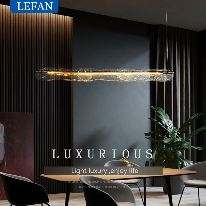 

Modern allcopper chandelier light luxury creative long strip minimalist bar dining room counter water pattern glass pendant lamp