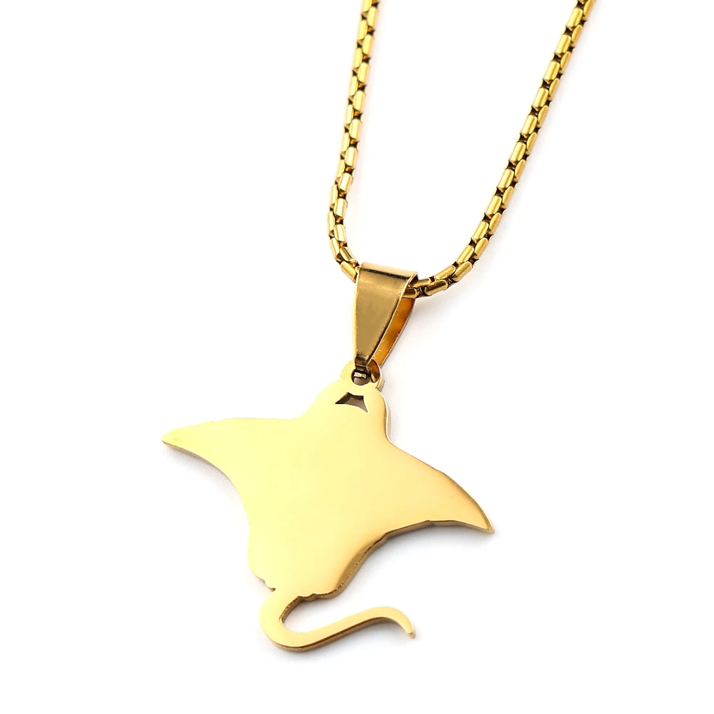 Boho Manta Ray Sea Devil Fish Pendant Necklace For Women Men Stainless Steel Gold Plated Coconut Palm Tree Ocean Chain Jewelry