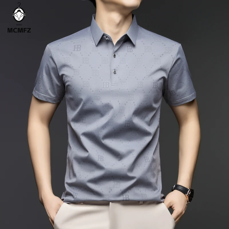 Camisas Polo para Hombre de Oficina, de Seda Helada, Manga Corta, Estampado Completo, Secado Rápido, Antiarrugas, Transpirables, Camisetas Casuales de Verano