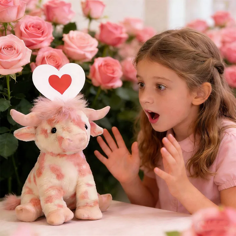

Мягкая плюшевая фигурка милой розовой высокогорной коровы с бантом из роз – романтический подарок на День святого Валентина для детей и влюбленных
