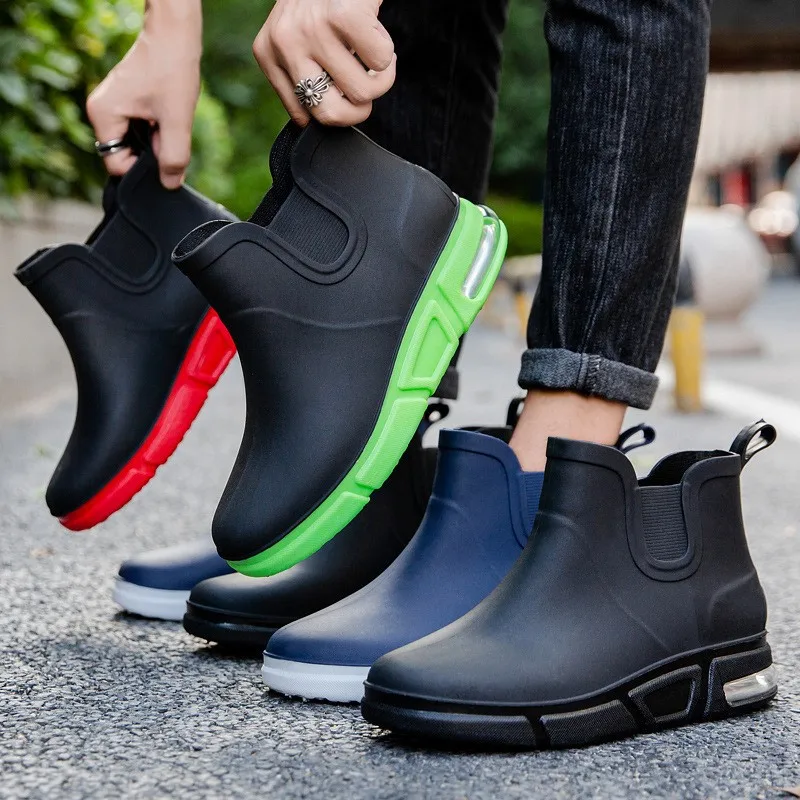 Fashion Rain Shoes Men's Non-slip Kitchen  Thick Sole Air Cushion Comfortable Rainboots Outdoor Waterproof Fishing Rubber Shoes