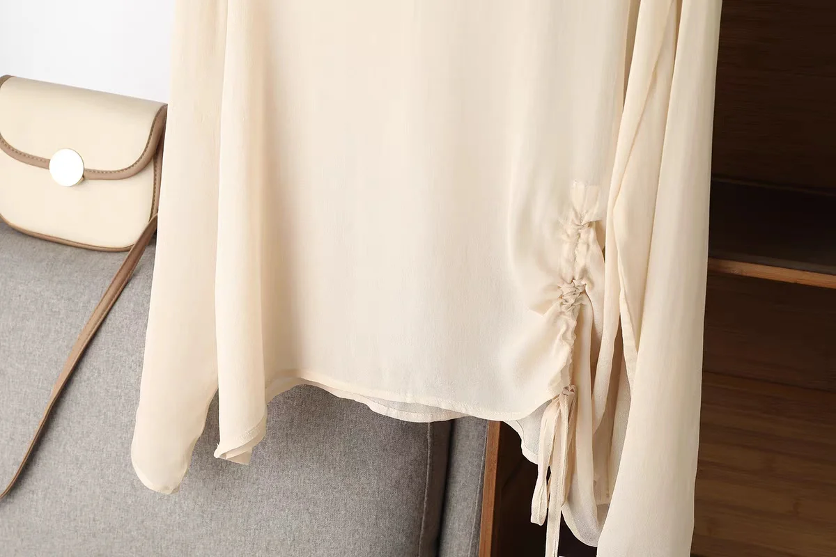 plus Size Women's Long-Sleeved T-Shirt White Drawstring round Neck Lightweight Chiffon Summer Casual Sun Protection Top
