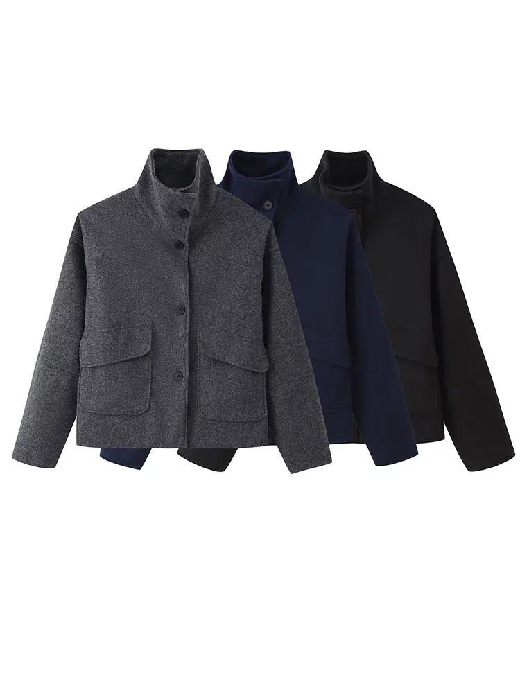 HH Woman Winter Half Turtleneck Single Breasted Long Sleeves  Pocket Decoration Coat Female Loose Keep Warm Street Style Jacket
