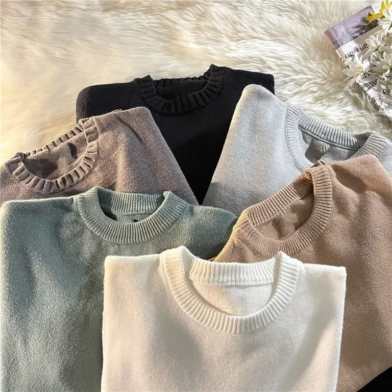 سترة محبوكة برقبة مستديرة للرجال والنساء ، بلون واحد ، أسفل فضفاض ، سترة بغطاء رأس دافئة ، ملابس عصرية كورية ، شتوية