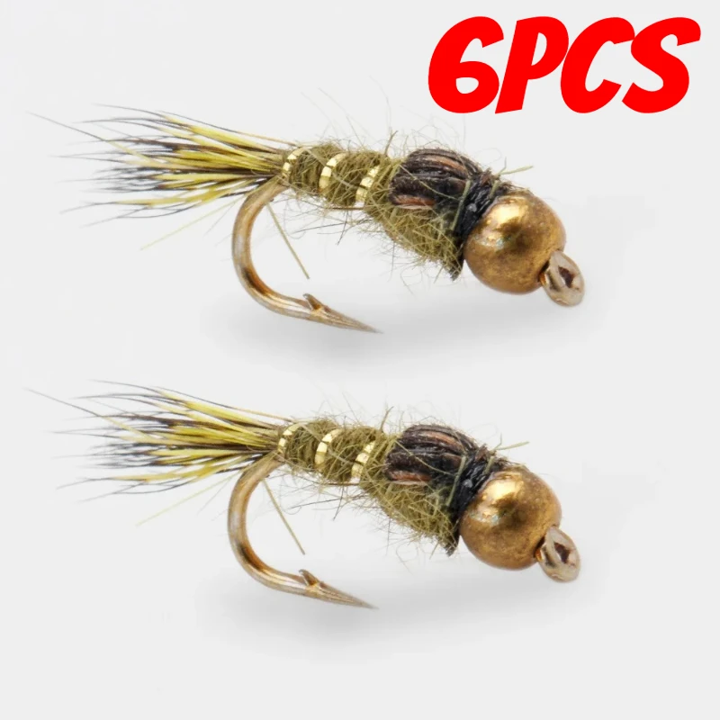 Ninfa 6pcs Barbed Tungsten Bead Head Jig Nymph Fly Pheasant Tail Fast Sinking