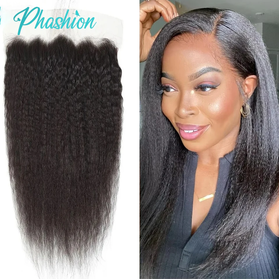 Phashion-encaje Frontal liso rizado para mujer, cabello humano 100% Remy, predespuntado, transparente, Yaki Real HD, 13x6, 13x4