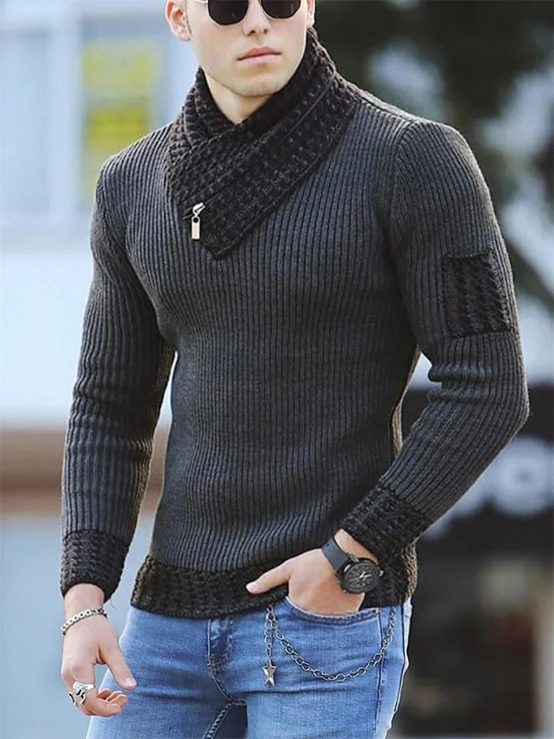 Suéter de cuello de bufanda para hombre, Jersey grueso de punto a rayas, ropa de abrigo informal con bloqueo de color, Otoño e Invierno