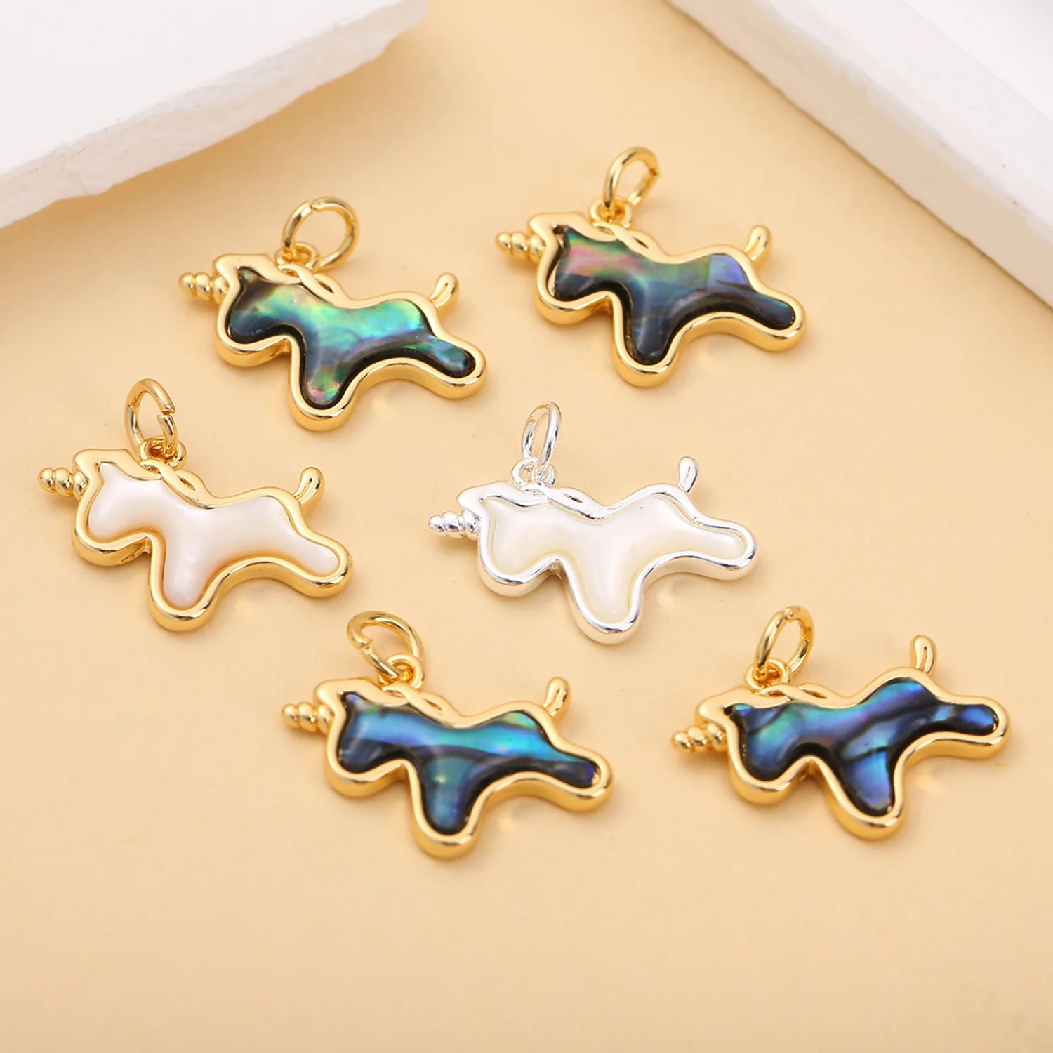 Copper Plated 18k Gold Natural M.O.P Mica Unicorn Pendant 2PCS DIY Accessory for Necklaces and Bracelets 16x12.5mm