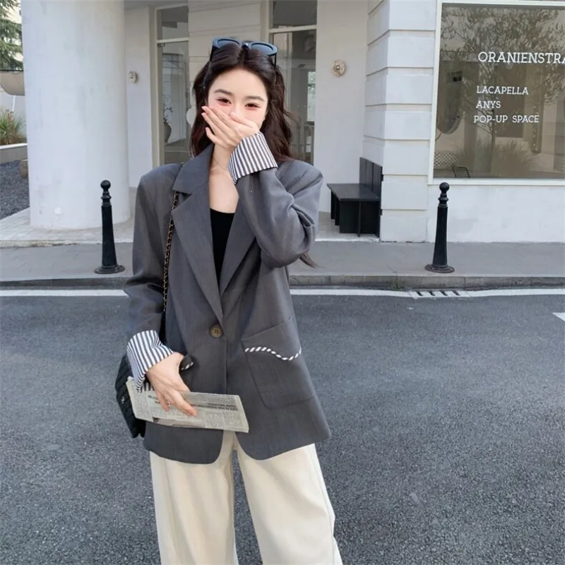 SuperAen 2026 Spring and Autumn New Style Korean Design Striped Patchwork Long-sleeved Gray Casual Design Notched Suit Jackets