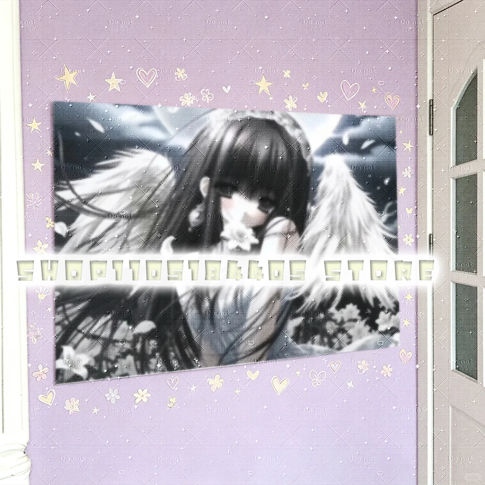 モノグレイグランジ Mono Grey Grunge Tapestry, Somber Long Black Hair Anime Maiden in Delicate Pale Outfit, Oversized Fluffy White Angel W