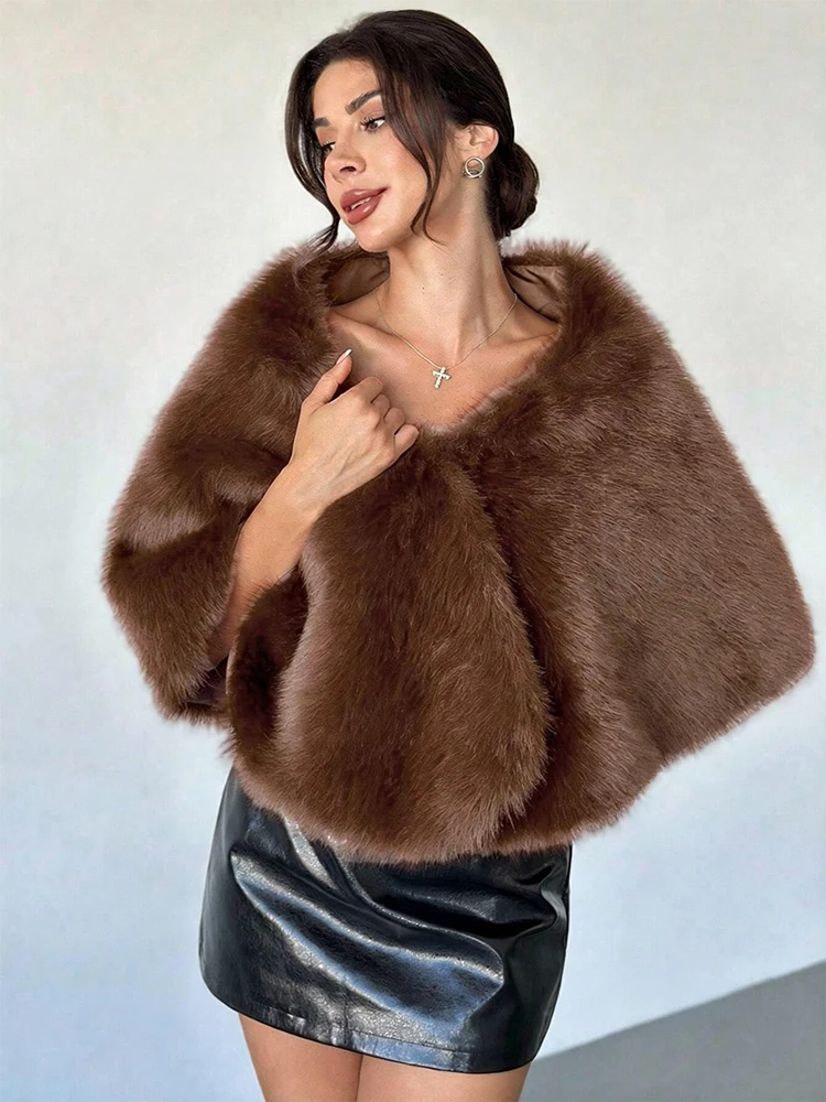 HH Women Elegant Faux Fur Coat Sleeveless V‑Neck Cape Style Soft Warm Outerwear 2026 Autumn Winter Fashion Luxurious Party Coat