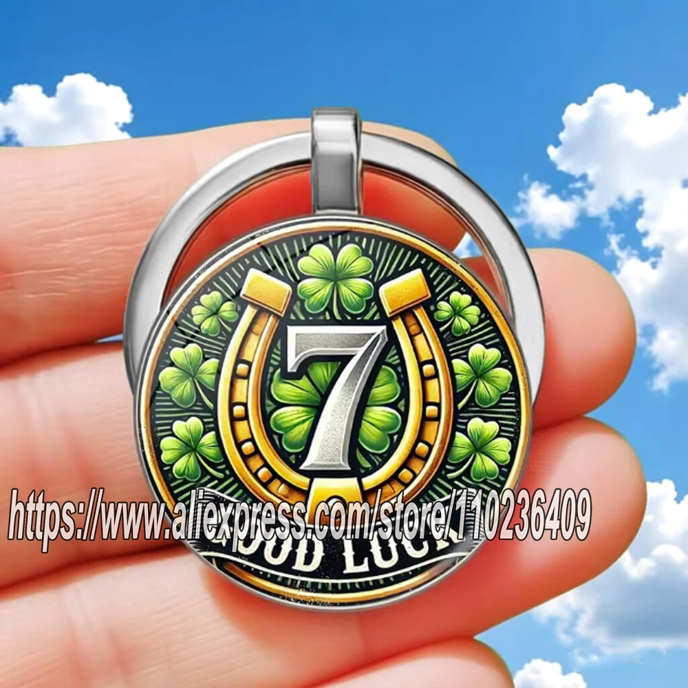 Lucky Talisman Round 7 Logo Keychain Lucky Clover Pattern Time Gemstone Glass Pendant Gift