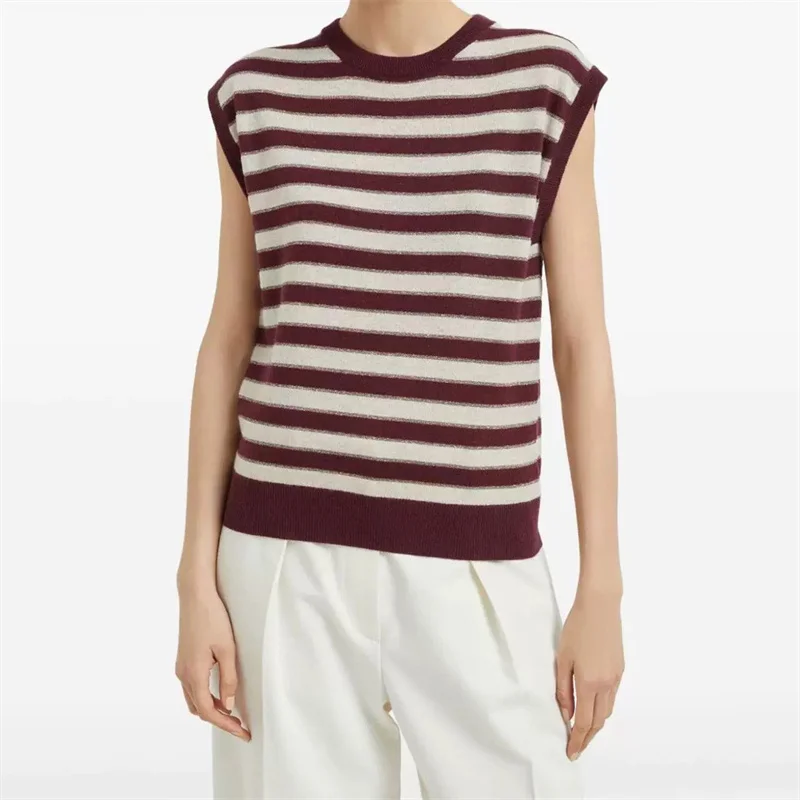 

Women's sweater New elastic knitted sleeveless top for summer 2025 Striped slim fit round neck pullover wool blend Women top y2k