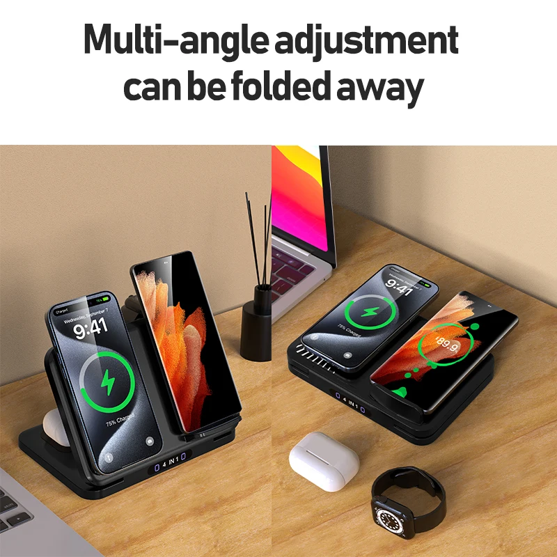 折りたたみ式多角度3in1ワイヤレス充電スタンド、スマホ・腕時計・イヤホン用急速充電ステーション、自宅・オフィス・旅行用アクセサリー
