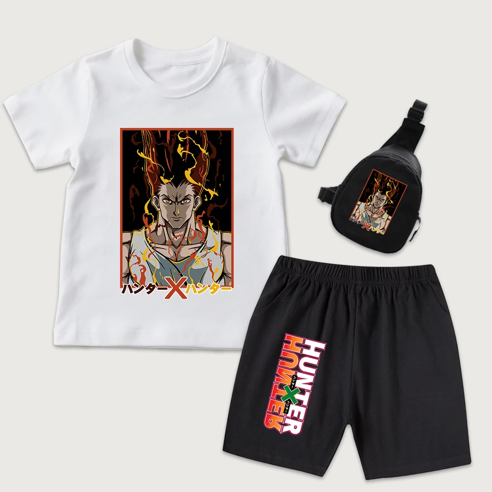 Hunter x Hunter Gon Anime Print Kids Cotton T Shirt and Shorts Set with Mini Chest Bag 3 Piece Outfit for Boys Girls Daily Wear