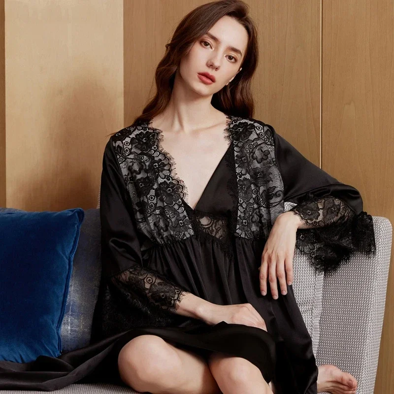 

French Style Sheer Lace Silk Slip Nightgown & Robe 2 Piece Set with Padded Bra Sexy Deep V Neck 100% Mulberry Silk Sleepwear PJs