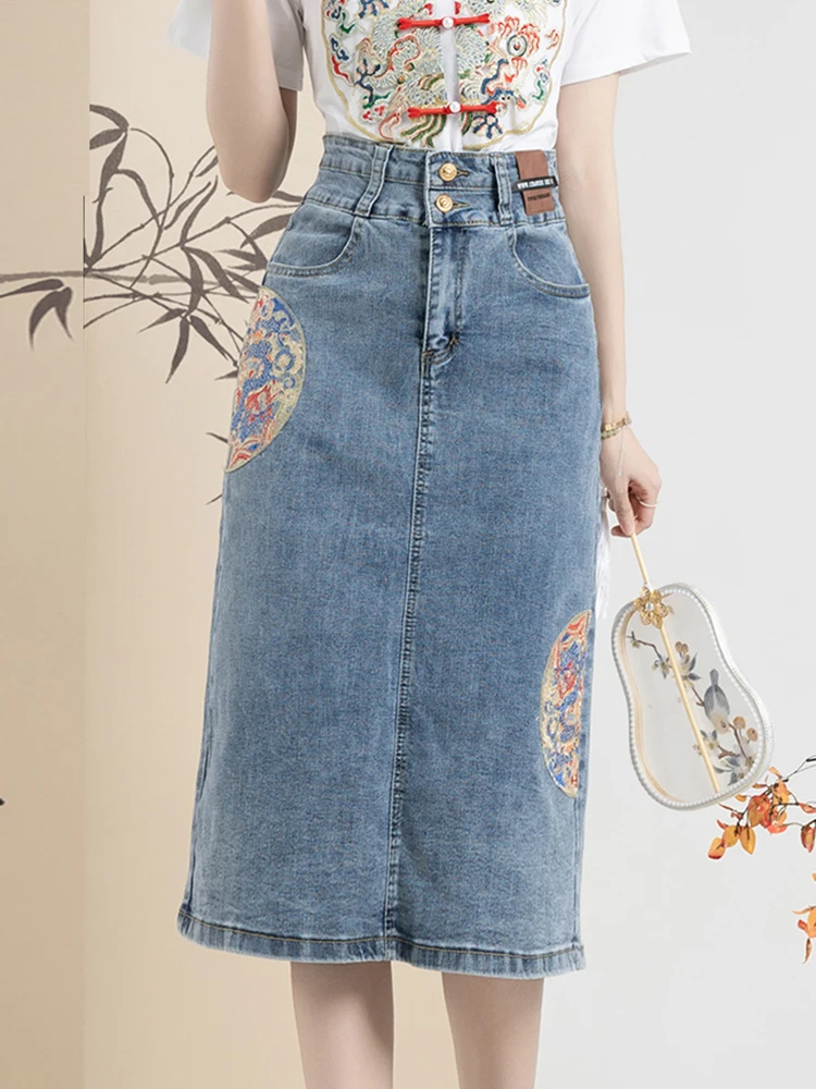 New 2024 Spring Summer Denim Skirt For Women High Waist Embroidery Back Slit Blue Jean Skirts Chinese Style A Line Skirt Women