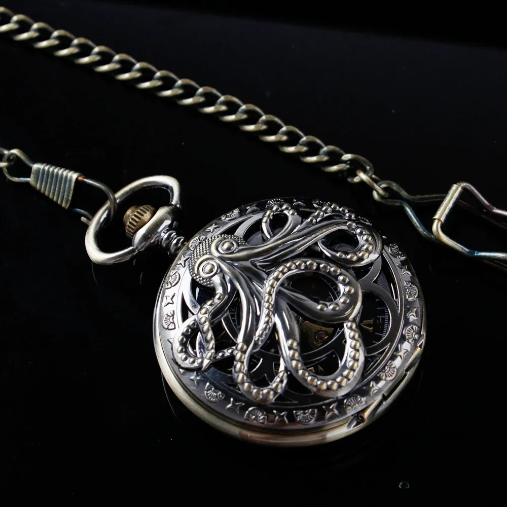 

Vintage Mechanical Pocket Watch Retro Dragon Hollow Skeleton Roman Numerals Fob Watch with Chain for Men Women PJX1649