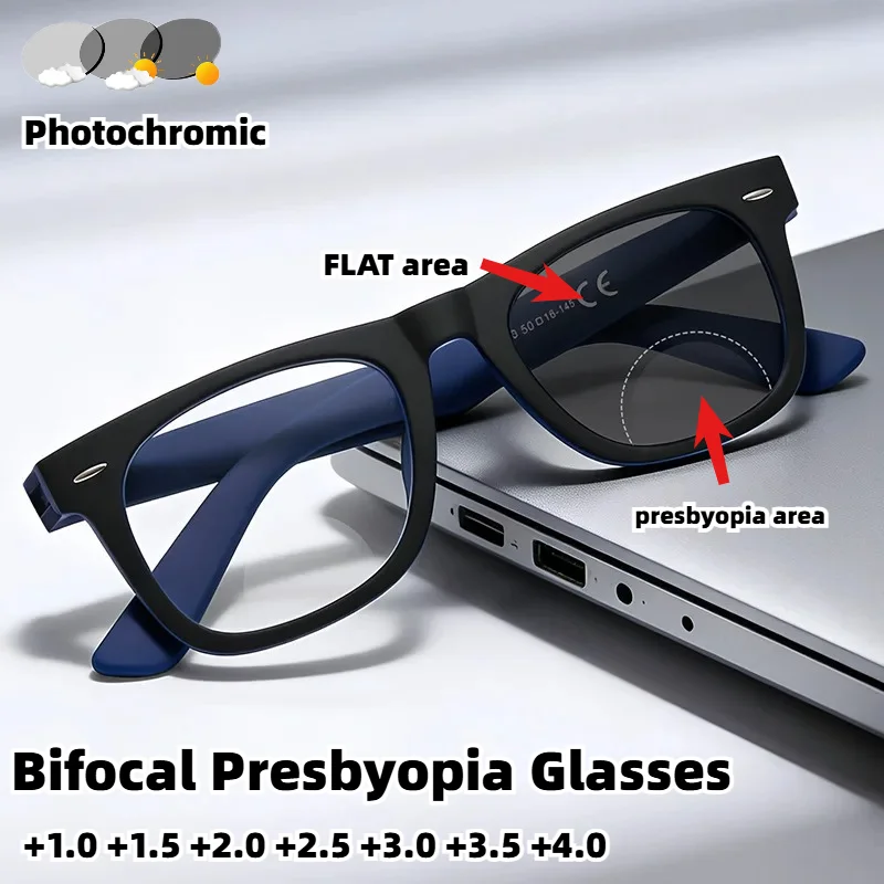 

Bifocal Photochromic Reading Glasses Men Women Square Frame Dual Area Presbyopia Eyeglasses Anti Blue Light Diopters+1.0 To +4.0