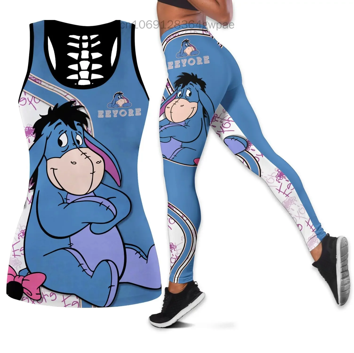 Eeyore Women's Cutout Tank Top Leggings Yoga Set Summer Fitness Leggings Tracksuit Disney Hollow Tank Top Leggings Set