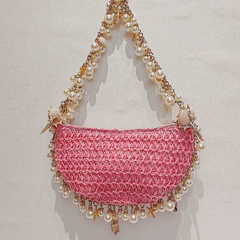 

Pink Bohemian Pearls Straw Bag Conch Starfish Women Handbags Half Moon Beach Shoulder Bag Designer Rattan Ladies Tote