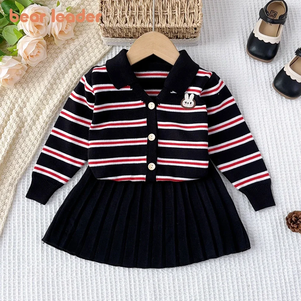 Bear Leader Kids Clothes Striped College Style Winter Long Sleeved Embroidered Rabbit Top+pleated Skirt 2-piece Sets