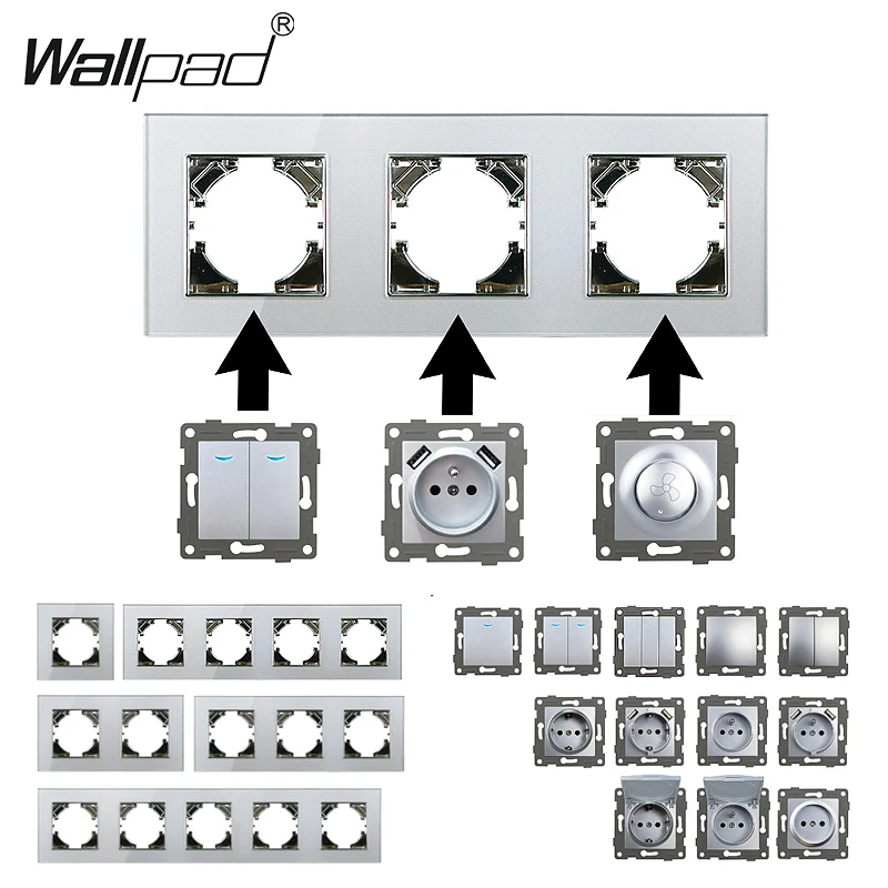 Stříbro DIY kolo skříňka spínač s LED šedá broušené sklo sklo panel EU francouzský rusko TV datový cat6 USB elektrický zeď energie nástrčkový
