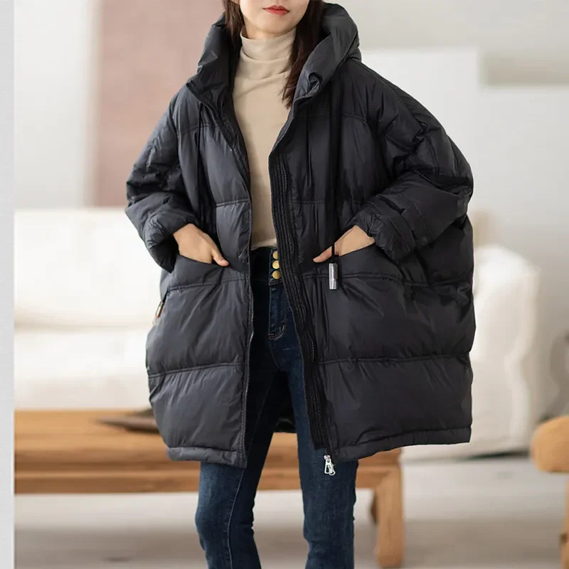 2023 New Winter Women 90% White Duck Down Jacket Casual Loose Over Size Warm Parka Female Drawstring Hooded Puffer Coat