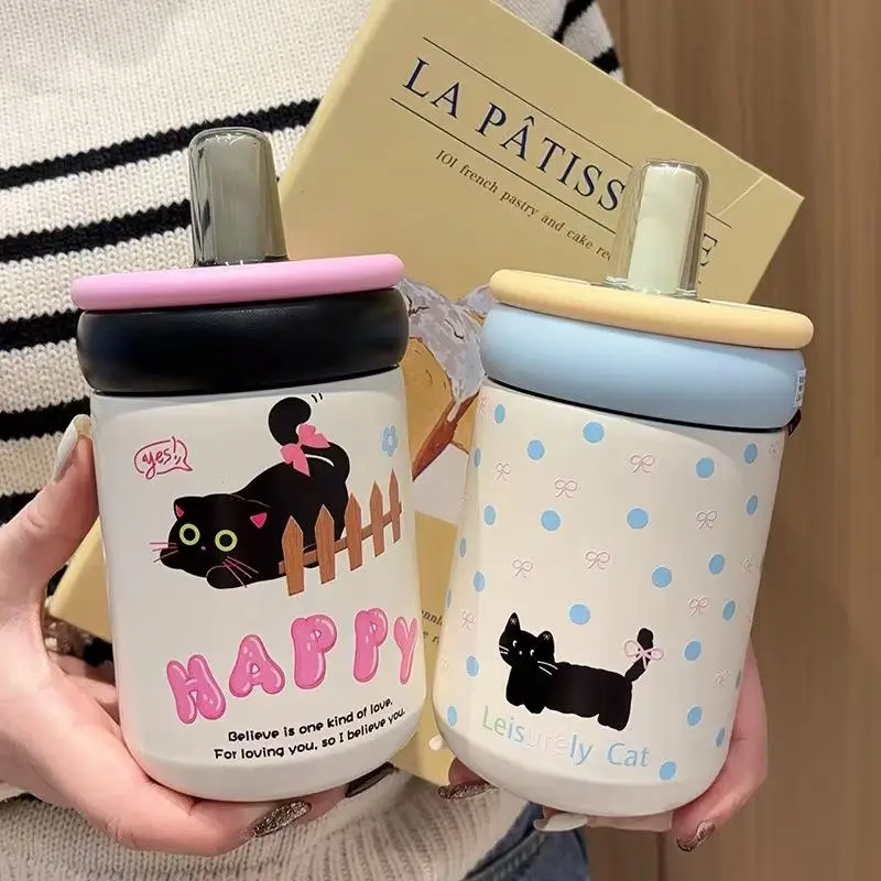 

Stainless Steel Insulated Water Bottle for Women, High Aesthetic Straw Cup, Portable Student Drinking Mug, Casual Style