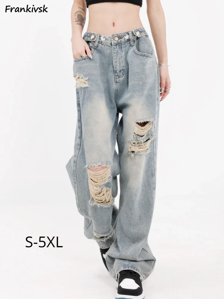 

Hole Jeans Women Summer American Style Denim Trouser Loose Bleached Ripped Vintage All-match Streetwear Leisure Y2k Harajuku New