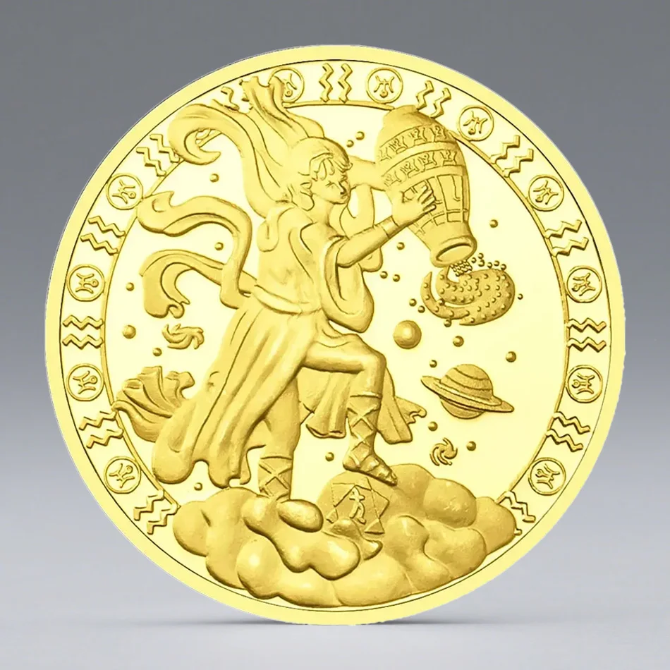 Moneda coleccionable chapada en oro del Guardián del Acuario, doce constelaciones, monedas de recuerdo, decoración del hogar