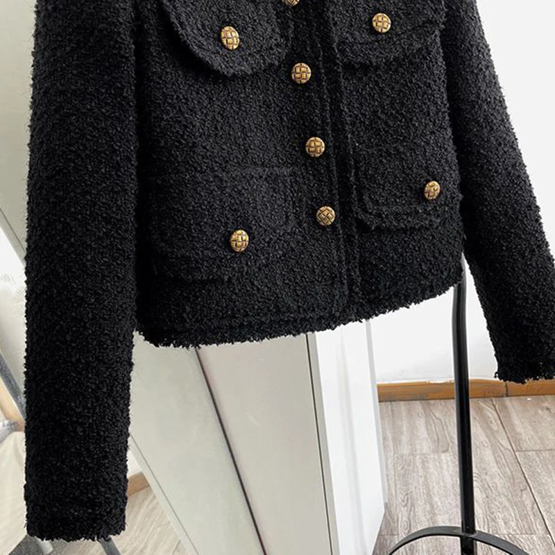 Rimocy Cropped Tweed Jacket Women Korean Fashion Round Neck Single-breasted Jackets Woman Autumn Winter Long Sleeve Chic Coats