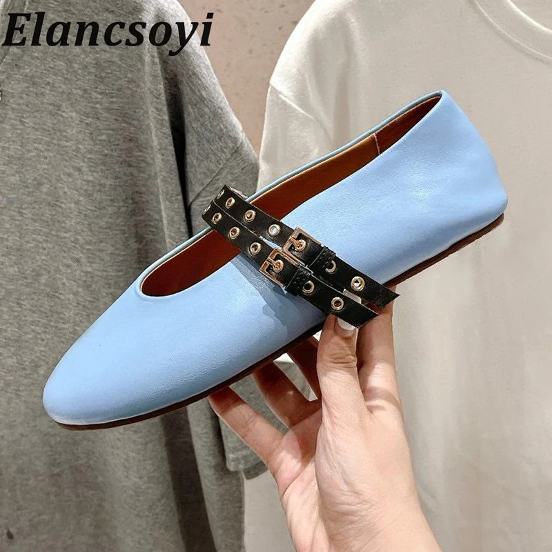 

Spring Round Toe Real Leather Shallow Mouth Flat Shoes Women Belt Buckle Casual Single Shoes Soft Sole Comfortable Ballet Shoes