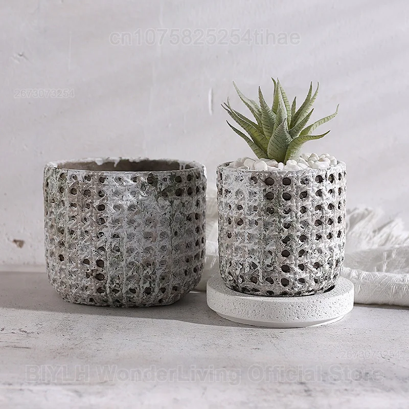 Bamboo Woven Grid Cement Flower Pot Moss Retro Style Craft Potted Utensils Indoor and Outdoor Garden Decoration Ornaments