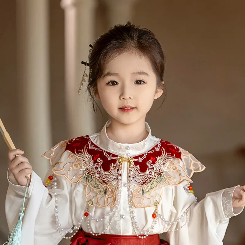 Kids Girls Chinese Traditional Embroidered Cloud Collar Detachable Hanfu Shawl With Tassel Beads Vintage Fake Cape For Parties