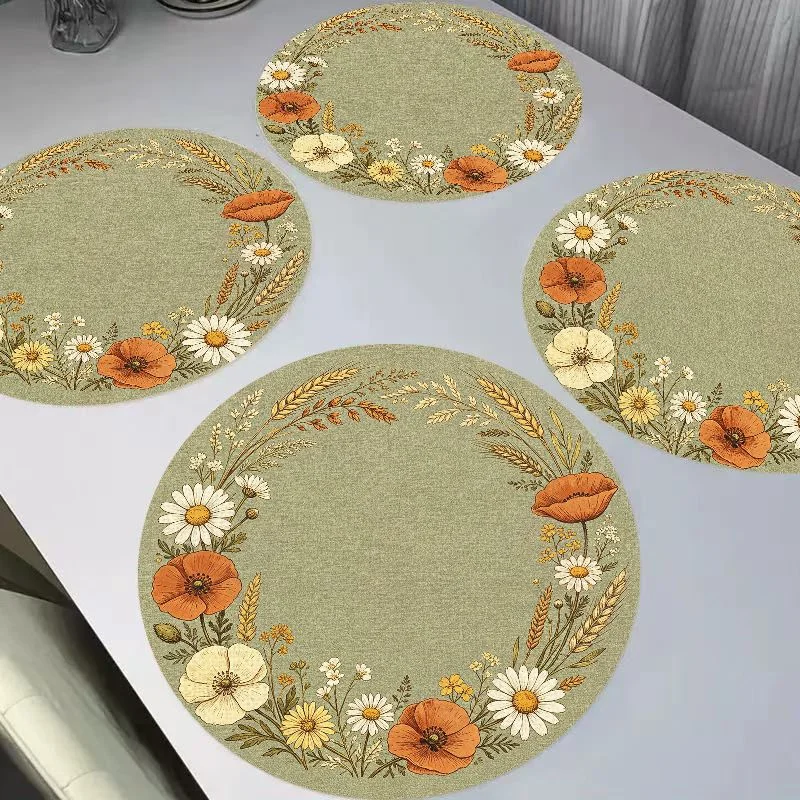 VIKAMA European Retro Round Linen Placemat Heat-Insulating Washable Wear-Resistant Dining Table Mat Dining Table Decoration