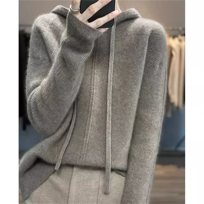 Women's Drawstring Hooded Sweatershirt Cashmere Sweater Knitted Sweater Purple Thickened Sweater Loose Jacket Female Pullover