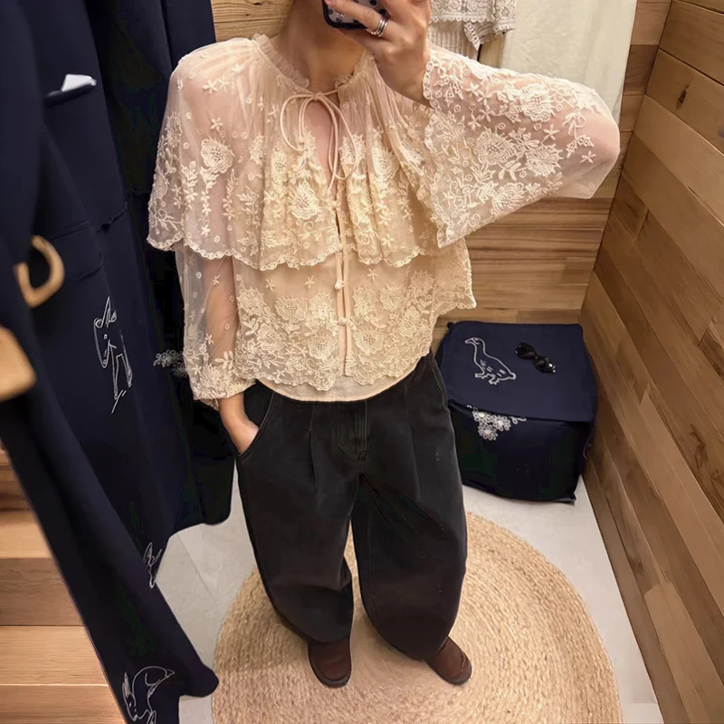 

Elegant Long Sleeve Lace Shirt Women's Spring Fashion Mesh Lace Chiffon Gown with Belt Vintage Style Floral Embroidery Polyes...