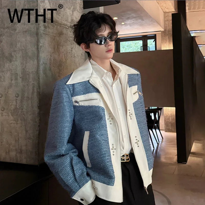 

WTHT модные невестные лоскутные пальто Neb's Heavy с бриллиантами и бриллиантами, модные мужские куртки с лацканами контрастного цвета, осень 2023, 2A2050