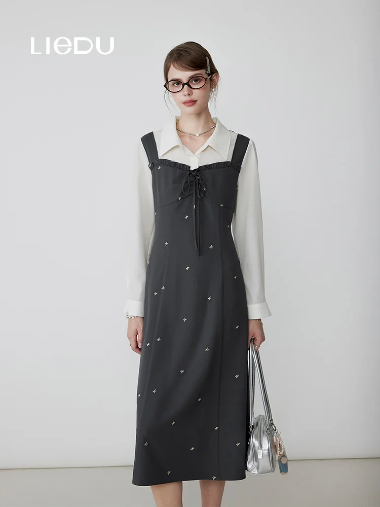 LIEDU Autumn French Elegant Commuter Women Lapel Stripe Fake 2 Piece Sleeveless Vest Midi Dress Loose Casual Office Daily Outfit