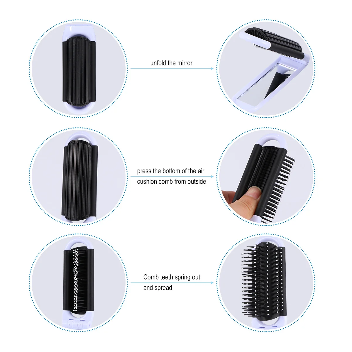 

3Pcs Mirror Comb Premium Plastic Unbreakable Folding Portable Mini Pocket Detangling Travel Gift White Black Blue