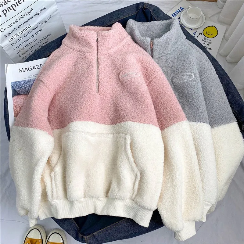 Women's Coat Patchwork Autumn New Hoodies Spliced Sweatshirts Half High Collar Pullovers Long Sleeve Casual Loose Jacket Coats