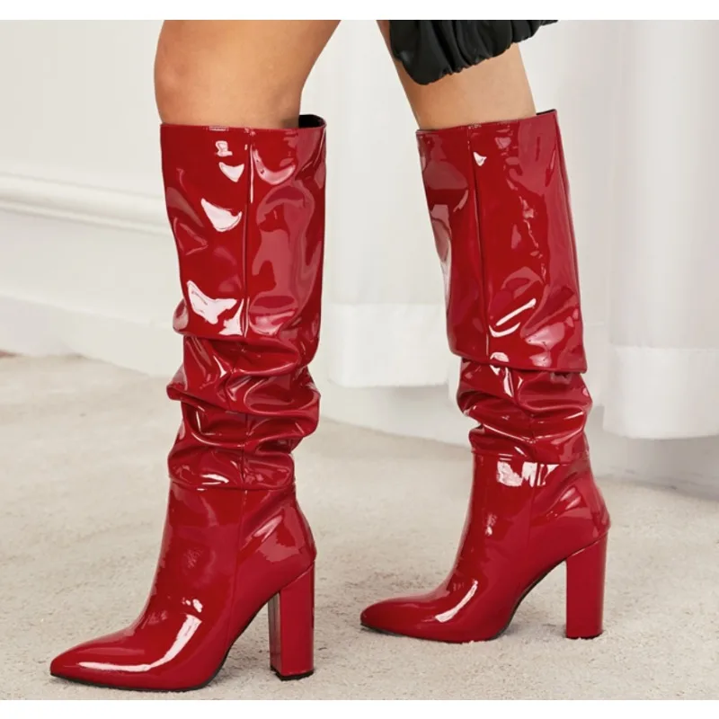 

Роскошные кожаные ботинки до середины икры в новом стиле с боковыми молниями, модные женские ботинки с острым носком и естественным морщинистым носком на толстом каблуке