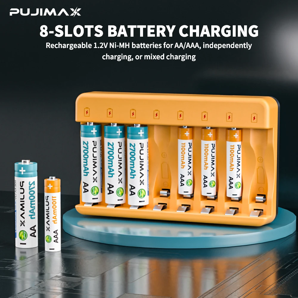 PUJIMAX 8-slot LED Smart Battery Charger for 1.2V AA/AAA NiMh NiCd Rechargeable Batteries Battery Charger with Rotating Light