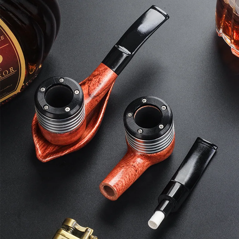 Solid wood mahogany metal spliced dry tobacco pipe portable traditional 9mm flue filter mouthpiece